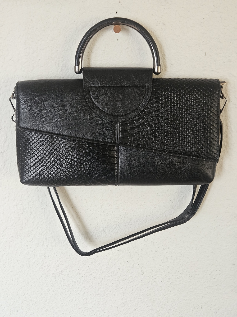 Mixed Texture Geometric Black Shoulder Bag - Convertible Crossbody/Clutch